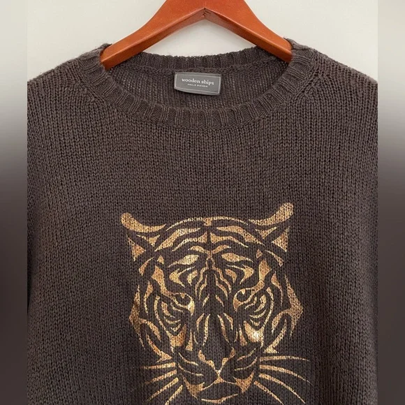 Wooden Ships Drop Shoulder Wool Mohair Tiger Sweater Brown Metallic - Picture 2 of 7